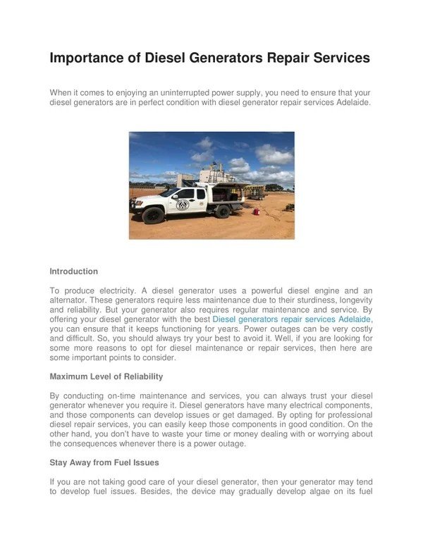Installation, Operation, and Safety for Small Diesel Generators